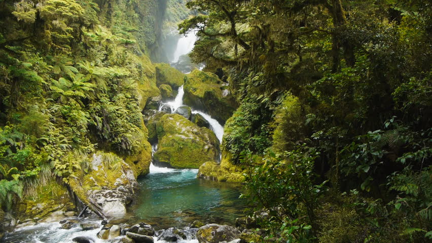 a dolly shot of the beautiful Mackay Falls on the Milford Track in New Zealand