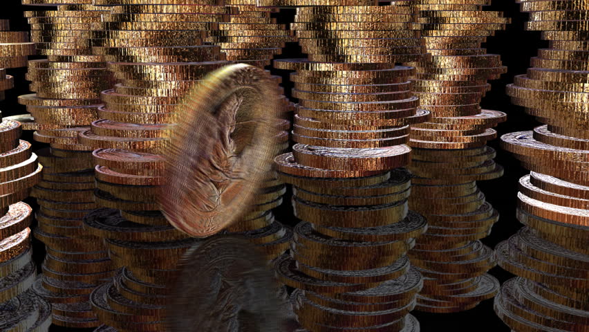 Golden Coin Spin (HD). Animation of a golden pound coin rotating with simulated gravity until rest. Columns of other coins in the background.