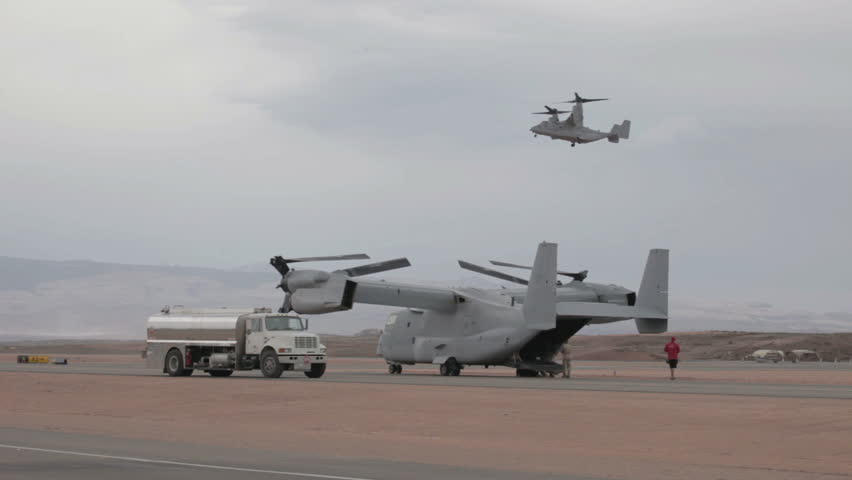 Aircraft V-22 Osprey VTOL slow hover mode doing vertical takeoff and landing video. Used by USAF, Marines, Navy and NATO allies in Utah