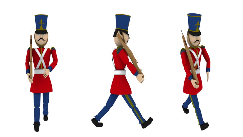Toy Soldier Marching with Alpha (HD). Toy Soldier with rifle in hand marching steadily. Included alpha channel matte track at the end. Crop the video to get one of the three for your video or site.