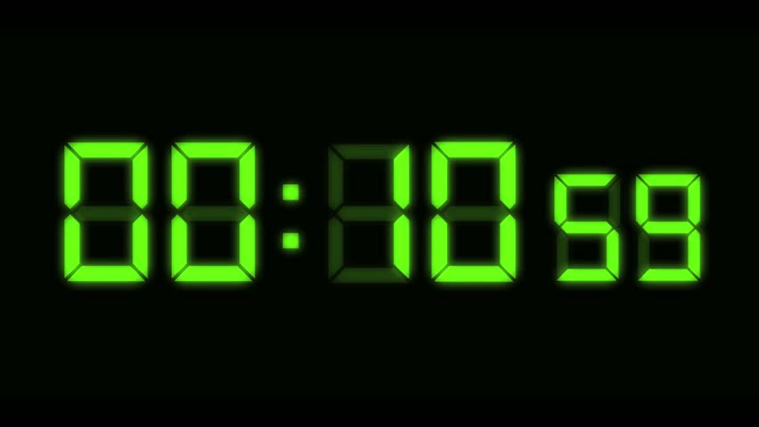 Computer generated animation of digital alarm clock LEDs counting down from ten seconds.