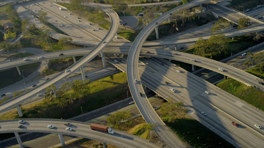 Aerial view of out of town elevated freeway intersection, North America, USA