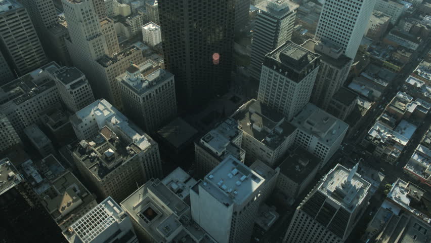 Aerial vertical view of skyscrapers in a busy commercially developing metropolis, North America