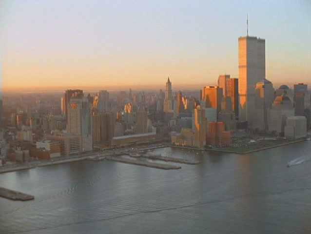 Overhead view of World Trade Center and lower Manhattan in the 90s