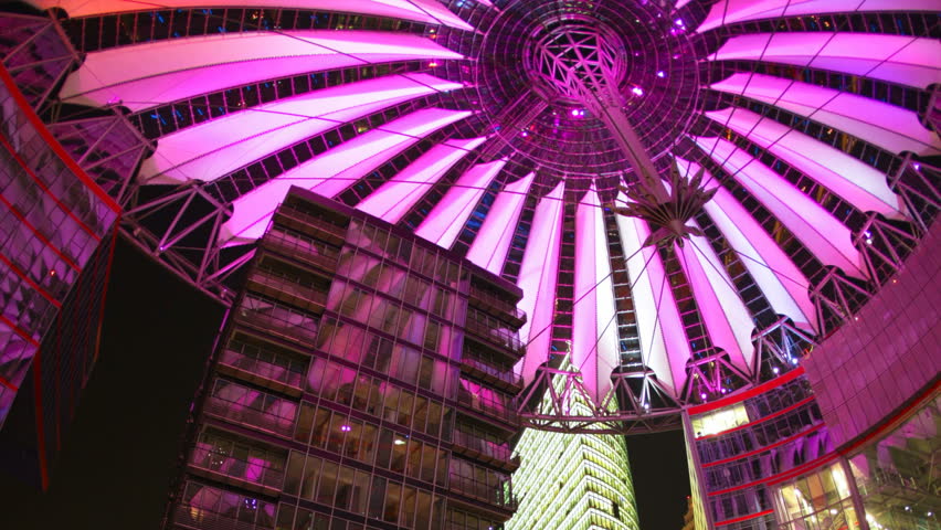 BERLIN, GERMANY - CIRCA 2011: (Timelapse View) Futuristic illuminated light Sony Center  dome with vertical motion zoom of dynamic famous landmark in Berlin Potsdamer Platz, Germany  
