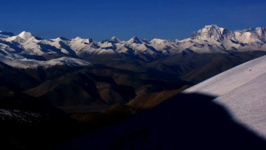 Timelapse pan left of Mount Everest landscape, Himalayas, Tibet.