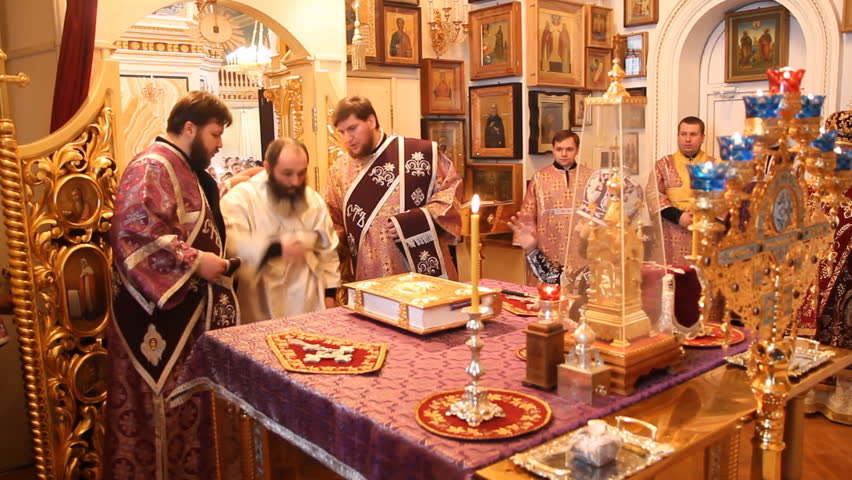 UFA, RUSSIA - APRIL 12: Congregation and the liturgy during Easter celebration in a Russian Orthodox Church on April 12, 2012 in UFA, Russia. 