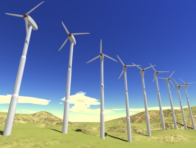 Computer-generated animation depicting a row of wind turbines