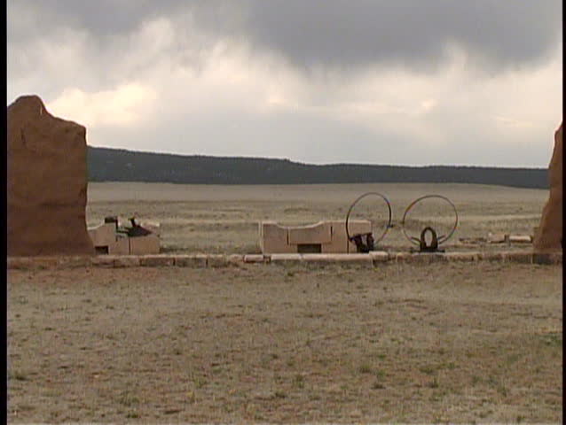 A pan from left to right of the old wagon/blacksmith shop on the grounds of Fort Union National Monument in New Mexico