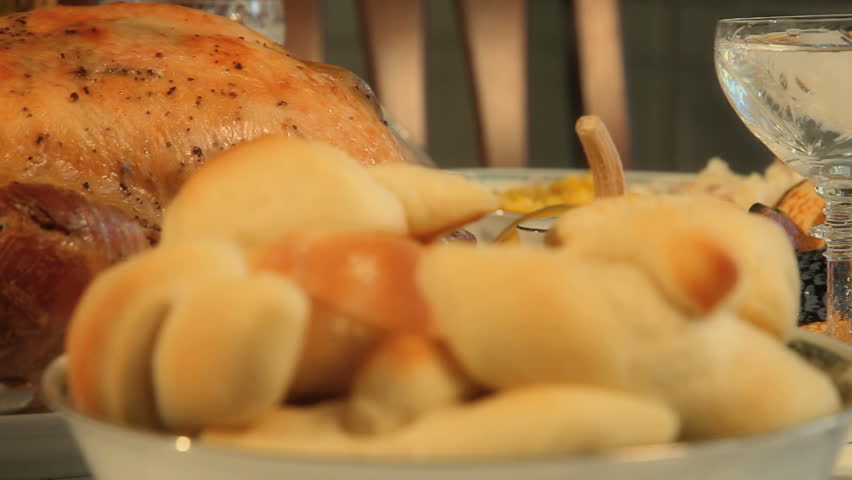 Panning right to left on a Thanksgiving dinner table
