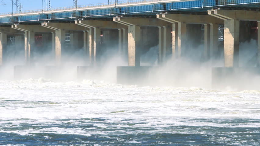 Reset of water at hydroelectric power station on the river