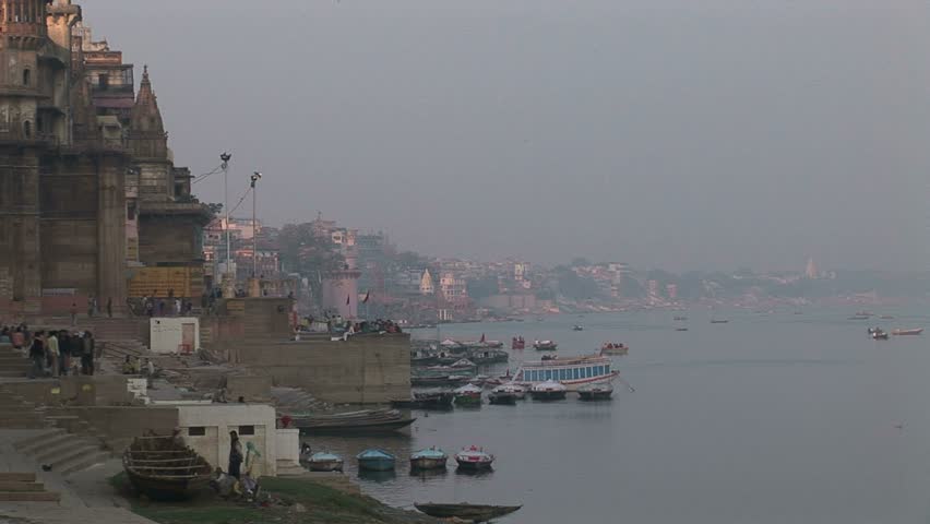 Telephoto looking down river on Ganges Ghats, Veranasi, India