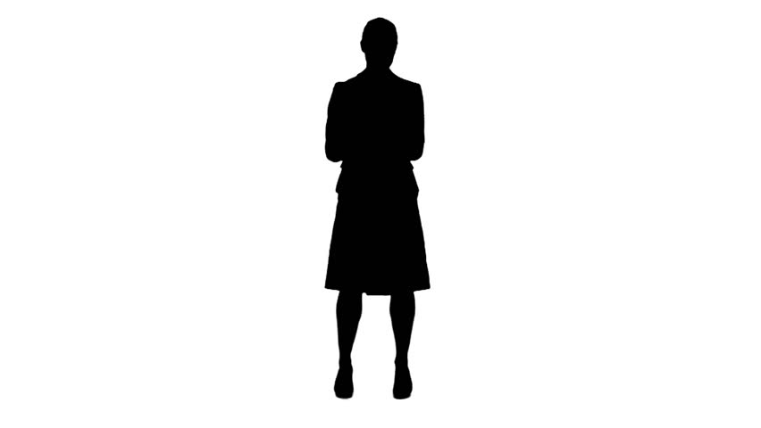 A silhouette woman is holding a tablet computer against a white background