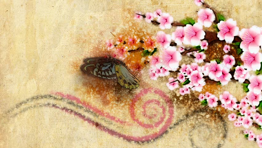 animated decorative backdrop with growing paint flowers and butterfly