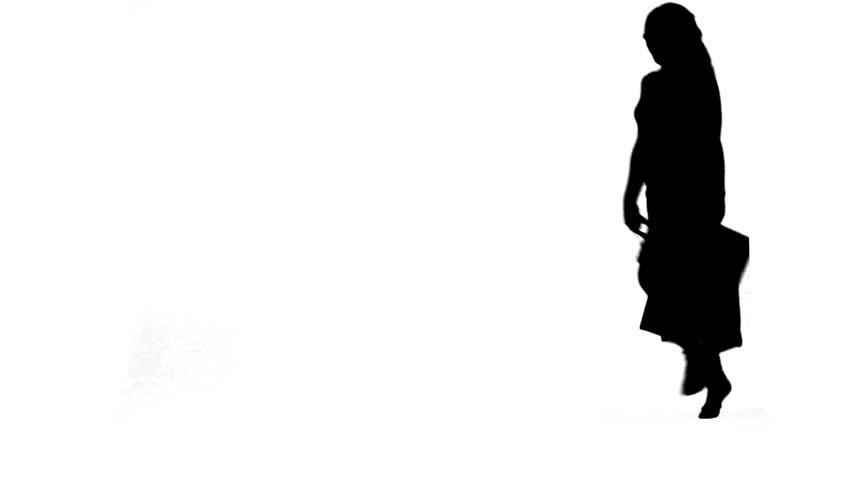 A silhouette of a energetic woman holding shopping bags against a white background