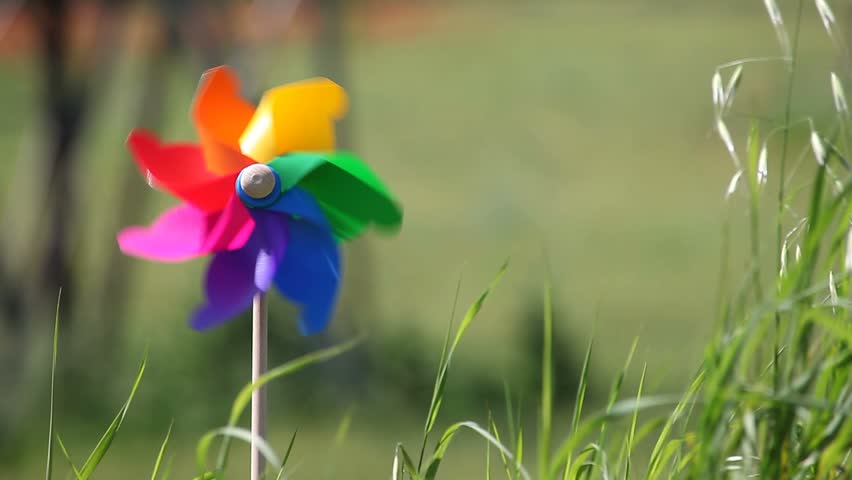 Colorful windmills in a field of wheat