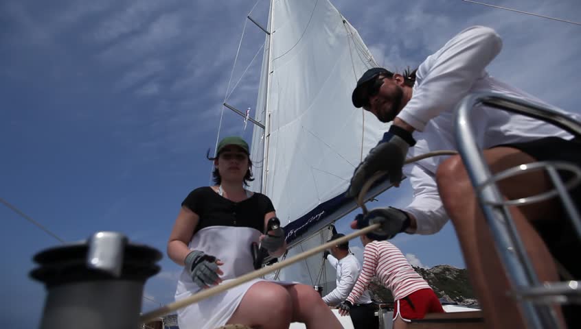 MEDITERRANEAN SEA, TURKEY - MAY 29: Sailors participate in sailing regatta "Sail & Fun Trophy 2012" on May 29, 2012 on Mediterranean Sea, Turkey.