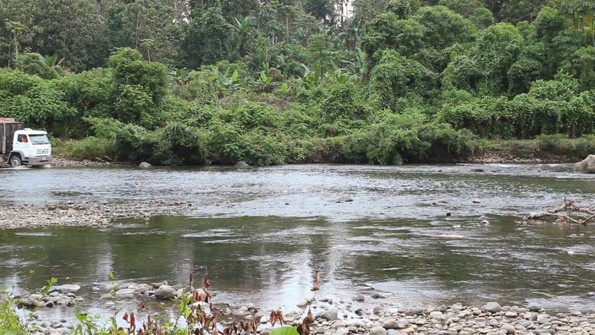 Tropical timber being trucked out of the rainforest on the Pacific coast of Ecuador