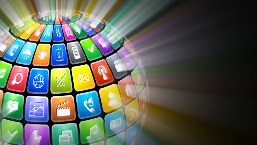 Rotating glowing sphere from color application icons on black background