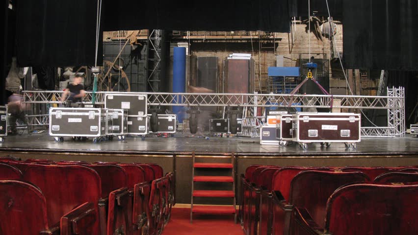 MOSCOW - APR 23: (Timelapse View) Working scenes dismantle scenery in black boxes in Vakhtangova Theatre, April 23, 2012 in Moscow, Russia