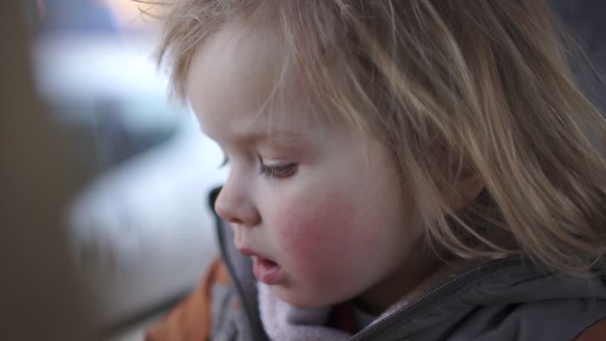 Adorable baby ride on tram seat near window. Eat bread