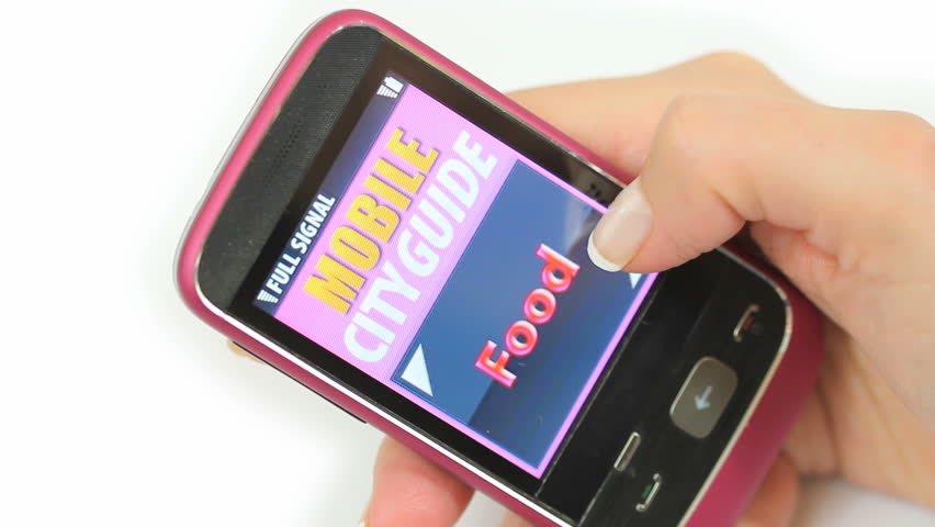 Female hands browsing areas of interest like food, music, hotels, entertainment, nightlife, news, banking, realestate etc on a touchscreen smart phone.