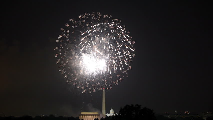 Fireworks over the Lincoln Memorial, Washington Monument and Capitol in Washington DC on the evening of Independence Day July 4th 2012