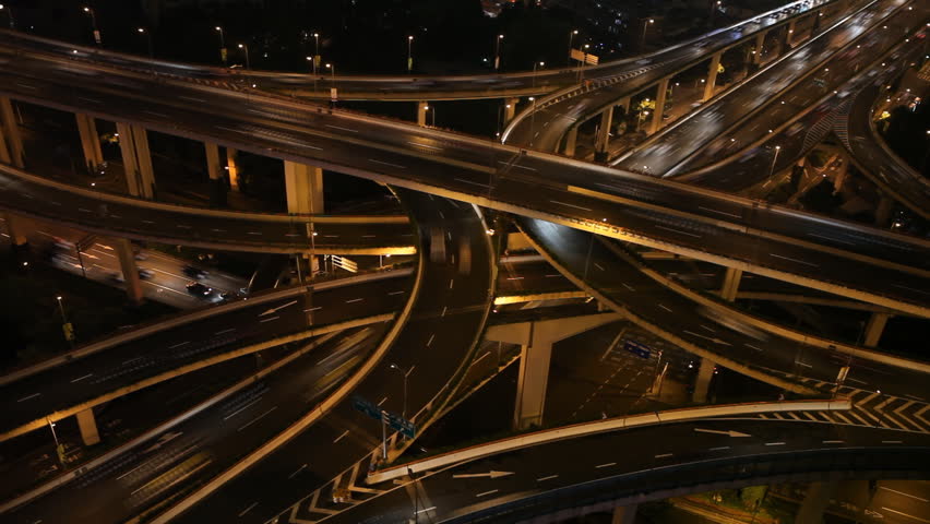 Time Lapse of Night Aerial View of Shanghai busiest highway, Yan'an East Road Overpass, Interchange
