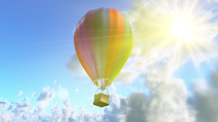 flying aerostat with basket, sun flare and cloud layer, and place for logo