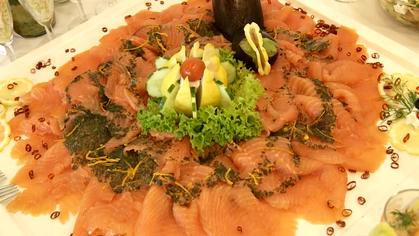 video footage of nice buffet with salmon