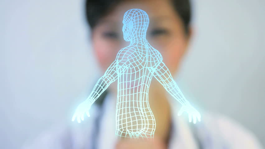 Montage Asian Chinese doctor using 3D virtual display cyberspace running man