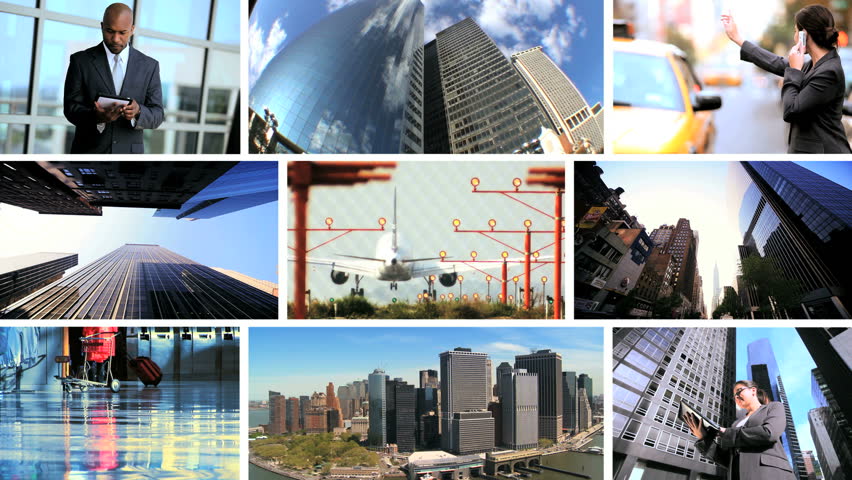 Montage collection modern business people using wireless communication and travel