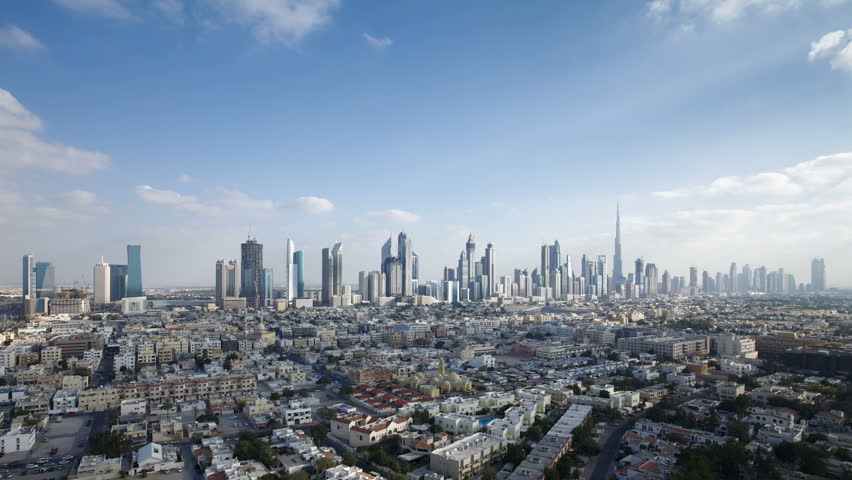 an elevated view of the new Dubai skyline of modern architecture and skyscrappers on Sheikh Zayed Road in the United Arab Emirates, Dubai