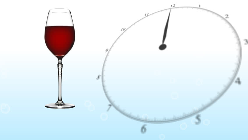 Time needed to metabolise or eliminate standard alcoholic drinks from body by showing red wine, beer and blue cocktail liquids disappearing in glass as clock hands move around