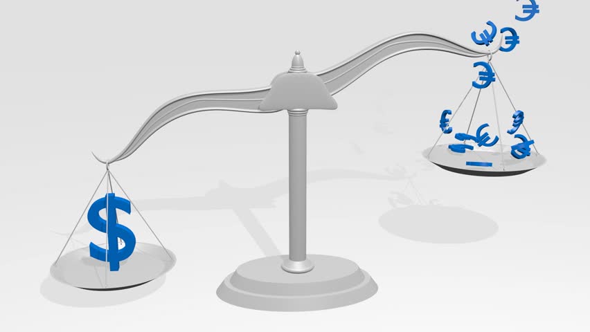 Strong EUR against a lot of USD-Signs on scale as a 3D rendered animation