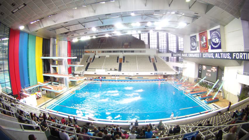 MOSCOW - APR 20: (Timelapse View) Audience leaves pool auditorium after match of teams Astana and Dynamo on water polo of Olympic Sports complex, on April 20, 2012 in Moscow, Russia