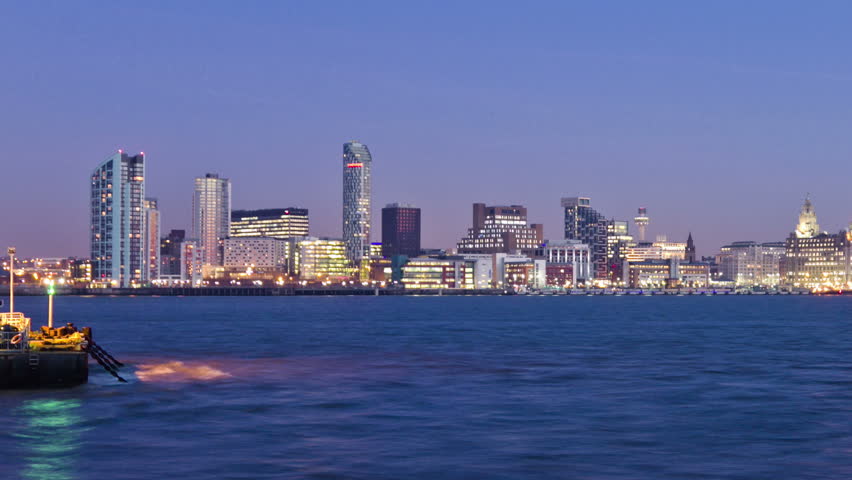 Time lapse at dusk of the Mersey ferry, crossing the River Mersey to Liverpool