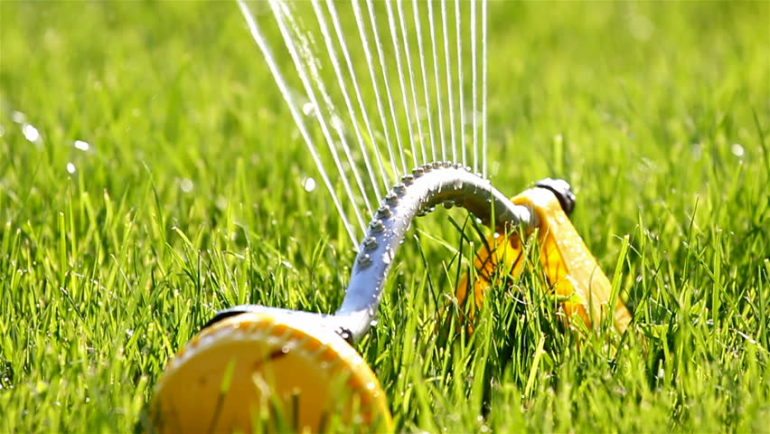 Sprinklers. Sprinkler spraying water on back yard green grass