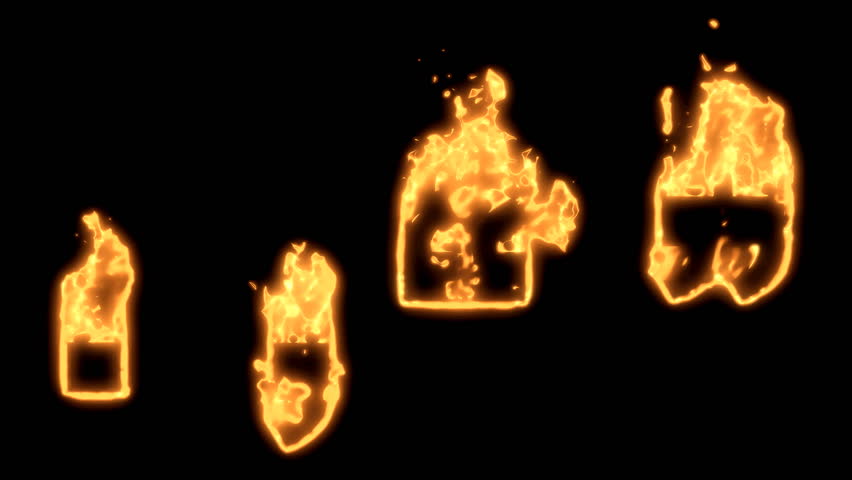 Flaming Alphabet. A period or full stop, a comma and quotation marks bursting into flames. Part of a series an alphabet, numbers and other characters.