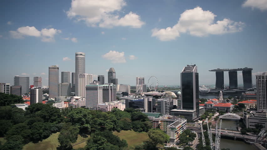 Elevated view over the Entertainment district of Clarke Quay, the Singapore river and City Skyline
