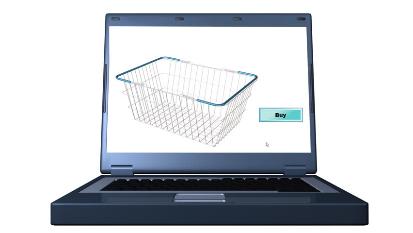 Stylized basket of groceries on a laptop screen is purchased.