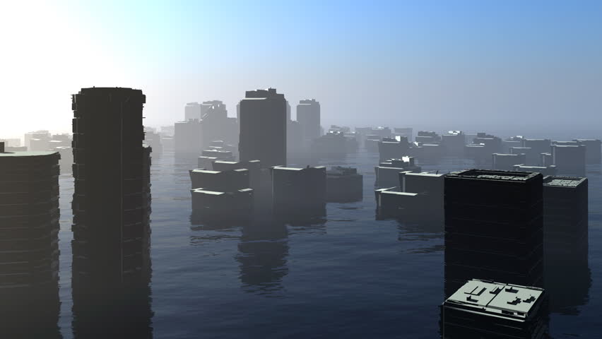 A city is covered by a rising ocean.