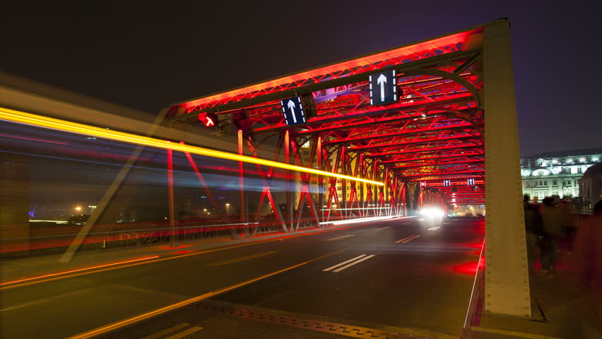 The Suzhou Creek, Waibaidu (Garden) Bridge, illuminated at night, Shanghai, China