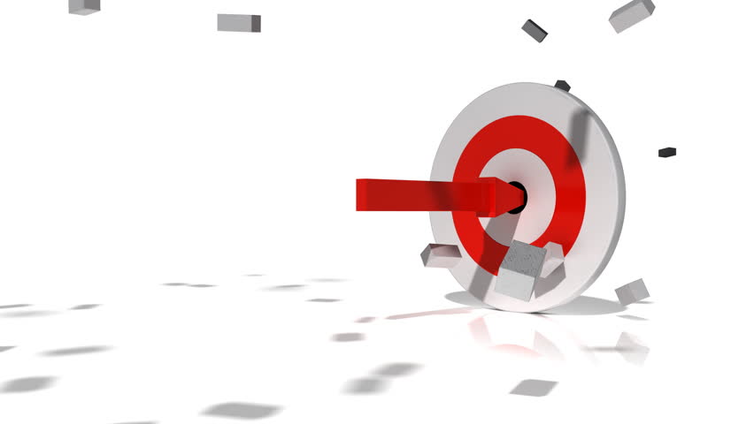 A big red arrow smashes through two brick walls then hits the bull's eye of a target.