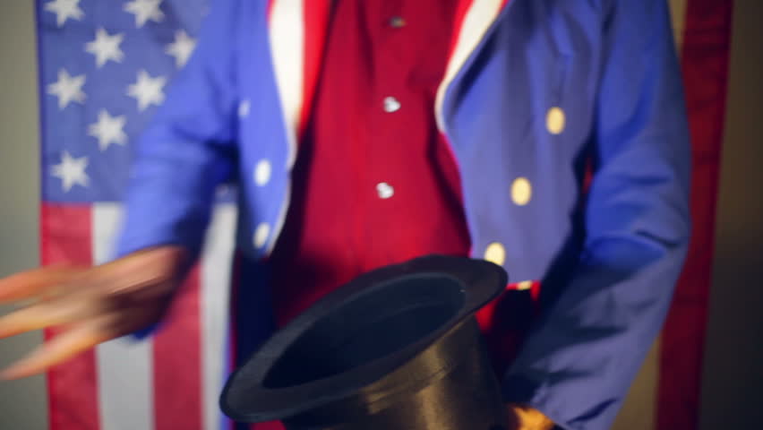 Uncle Sam pulling money out of a hat