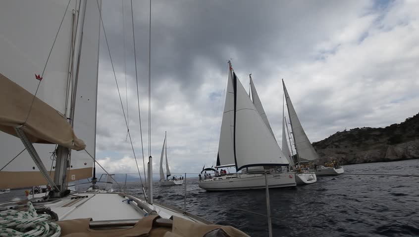 MEDITERRANEAN SEA, TURKEY - MAY 29: Sailors participate in sailing regatta "Sail & Fun Trophy 2012" on May 29, 2012 on Mediterranean Sea, Turkey.
