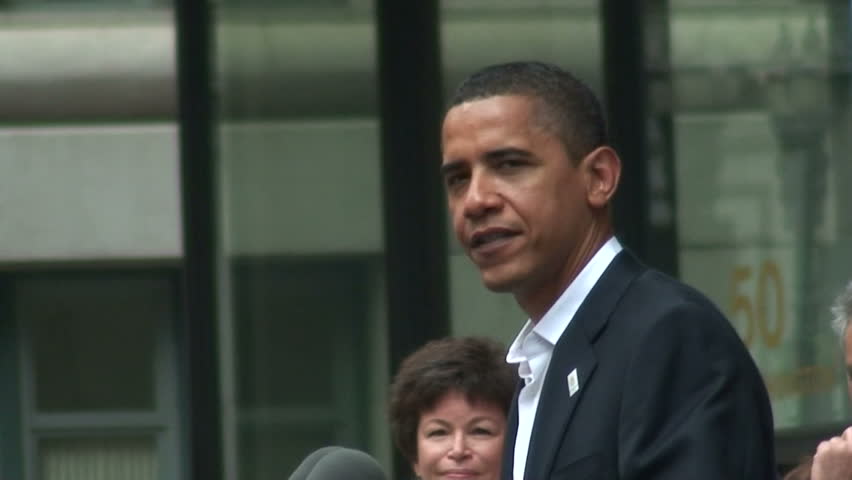 Chicago - June 6, 2008: Senator Barack Obama, speaking for an Olympic rally at the Chicago Daley Center. "We come together from different walks of life"