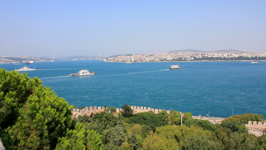 The Bosphorus is a strait that forms part of the boundary between Europe and Asia and connects the Black Sea with the Sea of Marmara in Istanbul, Turkey.