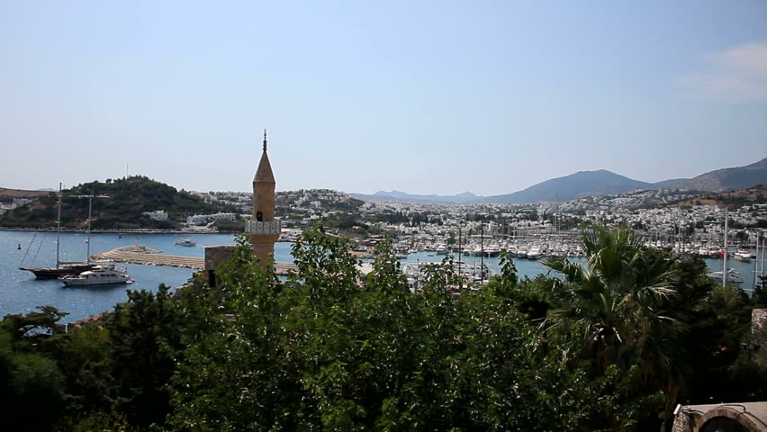 Ottoman Mosque overlooking the Coastal Harbor of Bodrum, Turkey