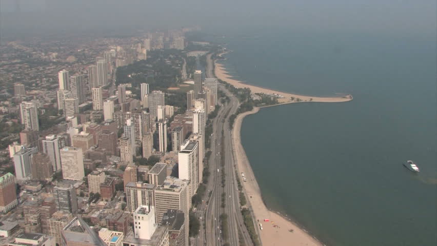 Aerial view of Lincoln Park and Lake Michigan with the Lakeshore Drive in Chicago